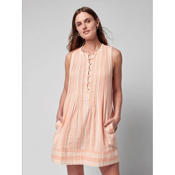 Faherty Isha Dress in Sepia Neutral Stripe Peach Organic Cotton Casual Mini LG - Picture 1 of 11